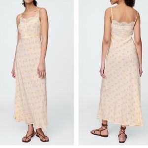 GAP Cream Maxi Slip Dress with Yellow Floral Lace Trim